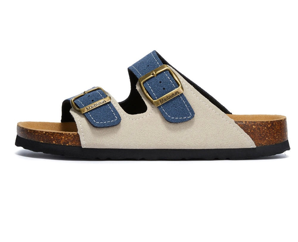 Unisex Two-Strap Suede Cork Footbed Sandals - Adjustable Comfort Slides