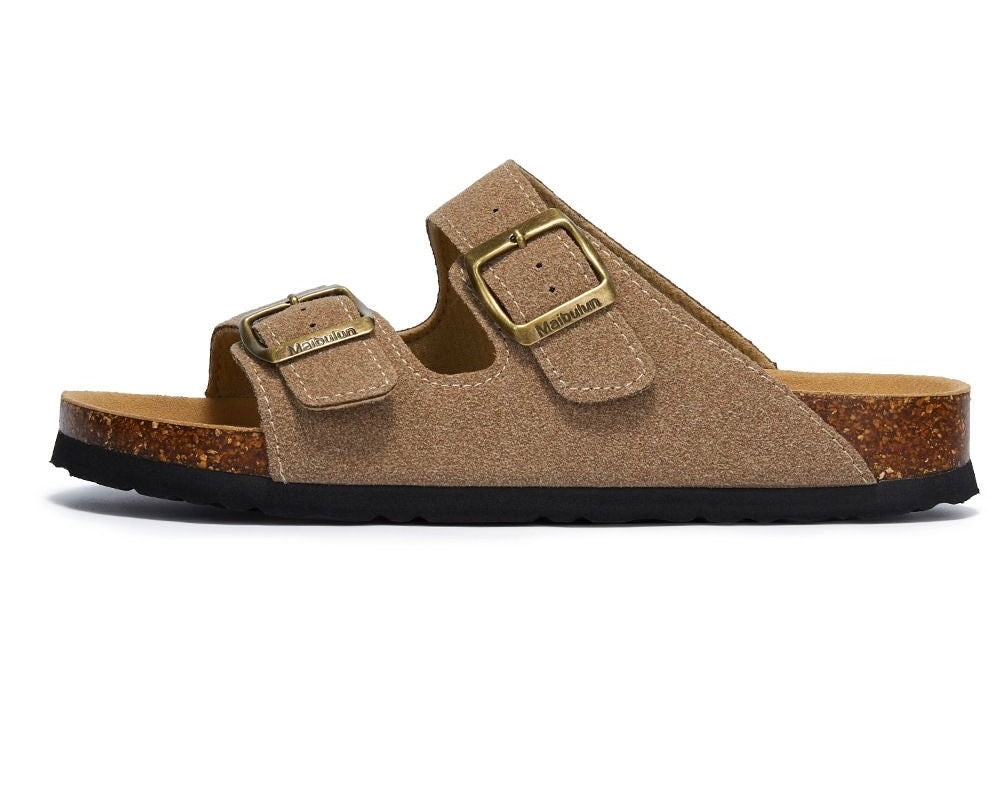 Unisex Two-Strap Suede Cork Footbed Sandals - Adjustable Comfort Slides