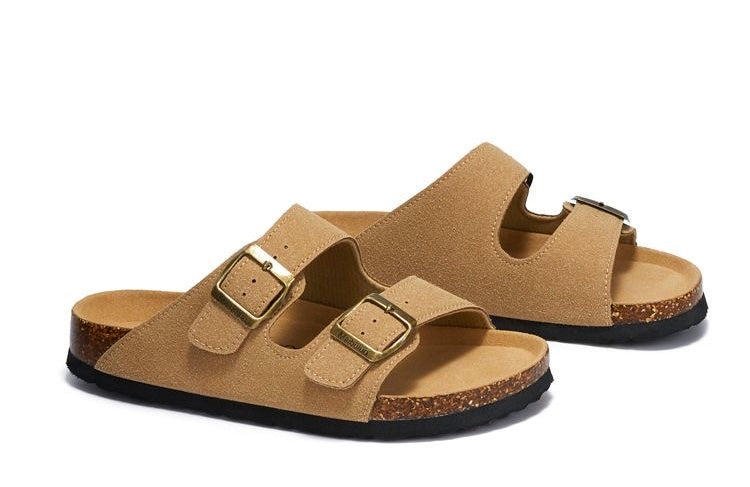 Unisex Two-Strap Suede Cork Footbed Sandals - Adjustable Comfort Slides