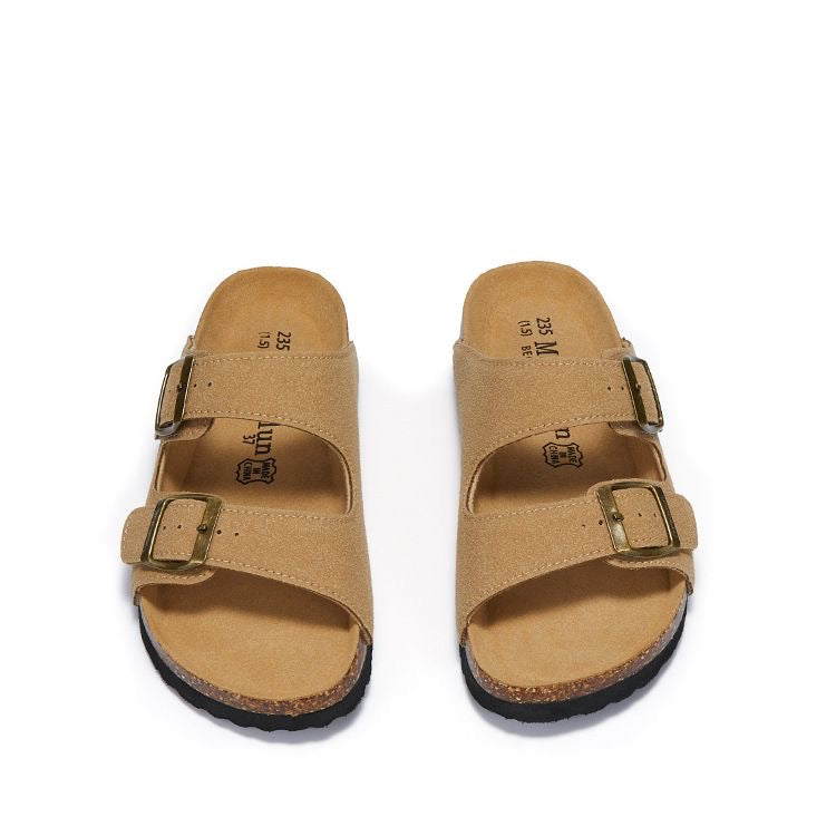Unisex Two-Strap Suede Cork Footbed Sandals - Adjustable Comfort Slides