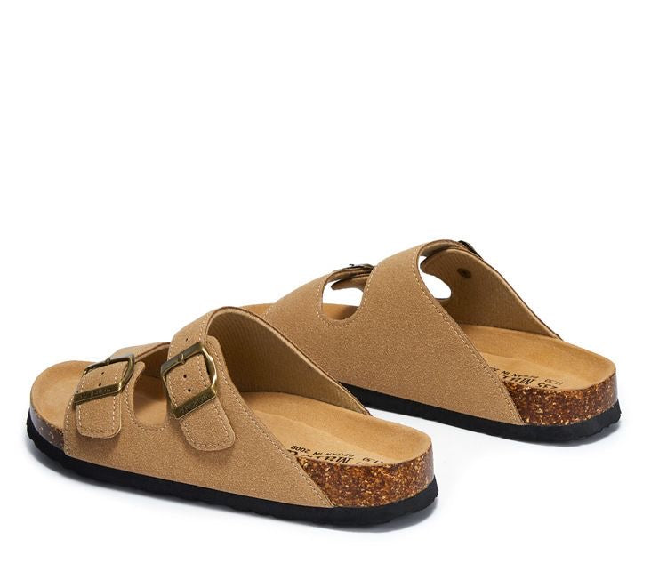 Unisex Two-Strap Suede Cork Footbed Sandals - Adjustable Comfort Slides