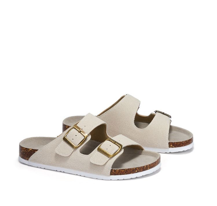 Unisex Two-Strap Suede Cork Footbed Sandals - Adjustable Comfort Slides