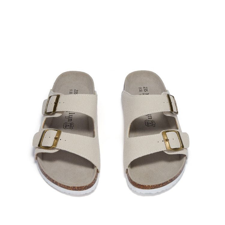 Unisex Two-Strap Suede Cork Footbed Sandals - Adjustable Comfort Slides