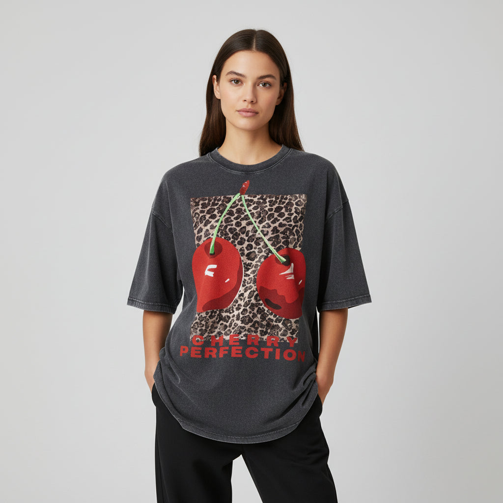 Oversized Cherry & Leopard Print Graphic Tee