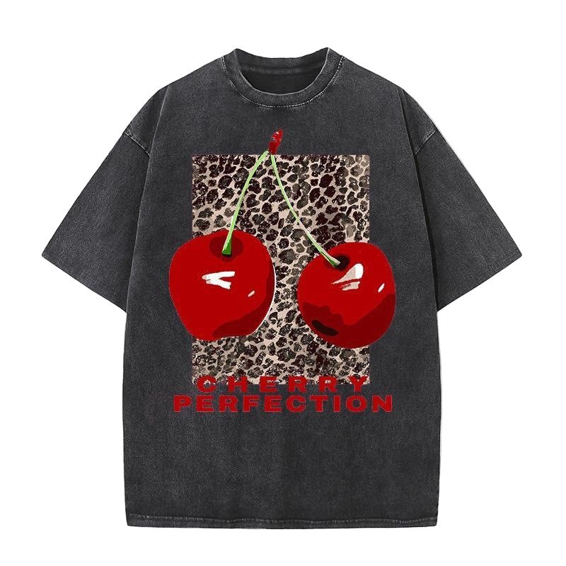 Oversized Cherry & Leopard Print Graphic Tee