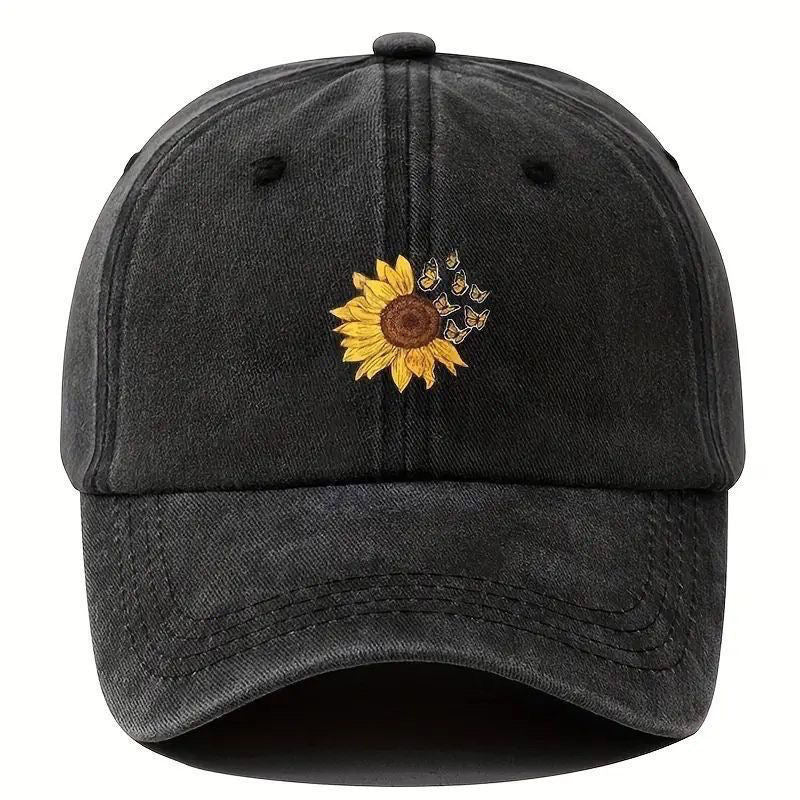 Embroidered Sunflower Butterfly Cap