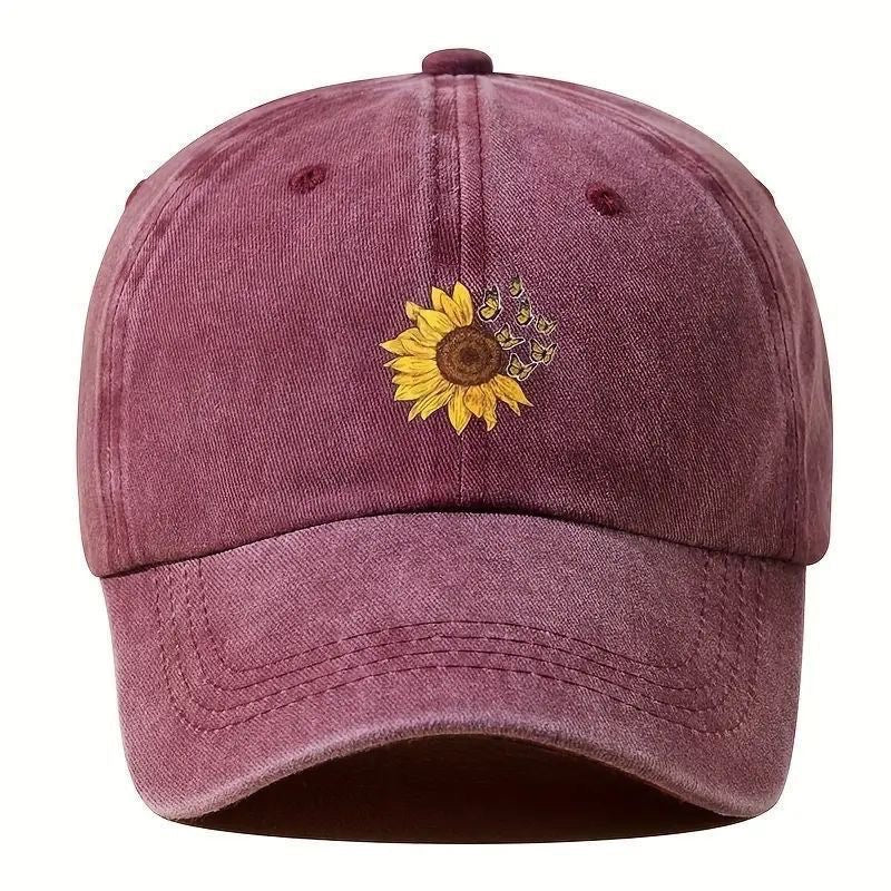 Embroidered Sunflower Butterfly Cap